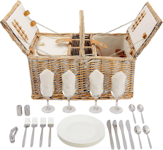 Wicker Picnic Basket Set for 4 with Insulated Cooler Bag, Metallic Silverware, Salt/Pepper Shakers, Corkscrew, Ceramic Plates, Wine Glasses and Cloth Napkins