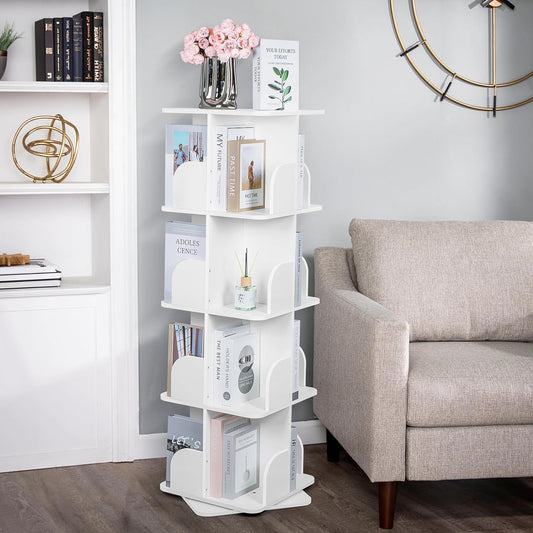 360° rotating bookshelf storage rack floor-standing bookcase storage, 4-layer rotating bookshelf, suitable for home office living room study room white