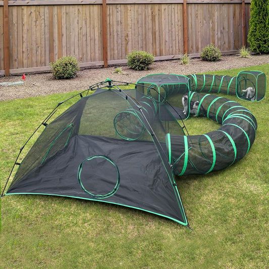 Outdoor cat tent, outdoor green cat fence for indoor cats, outdoor foldable cat tent with tunnel, portable 4-in-1 pet fence (includes 2 tents and 2 tunnels)